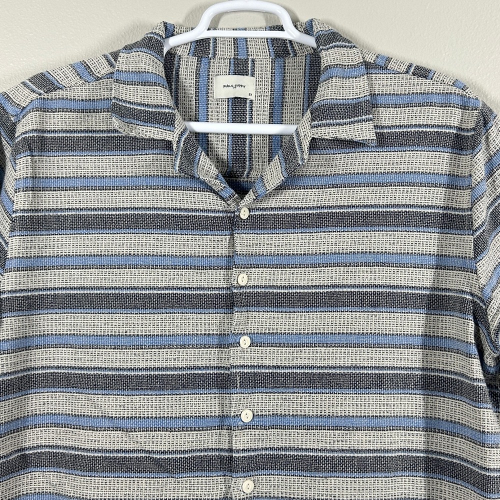 Public Supply NYC Mens 2X Blue Striped Cotton Short Sleeve Camp Shirt P967403X